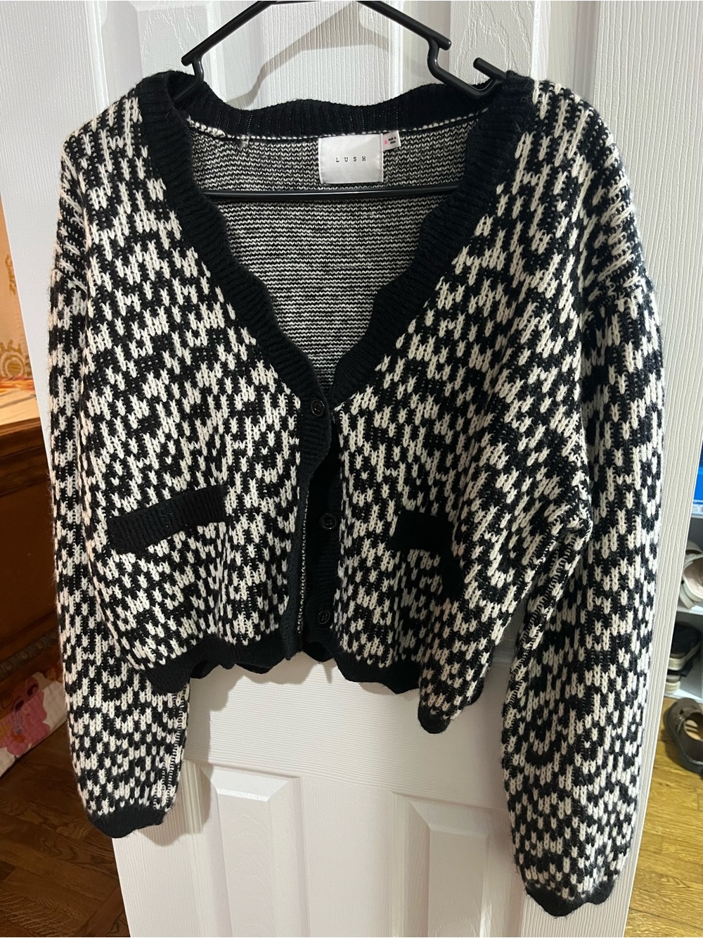 Lush Black & White Patterned Knit Cardigan